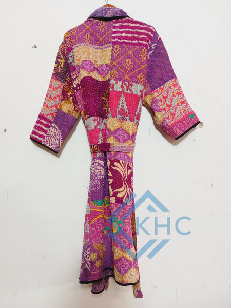 Indian Handmade Vintage Kantha Kimono Robe, Purple Patchwork One Size Robe
