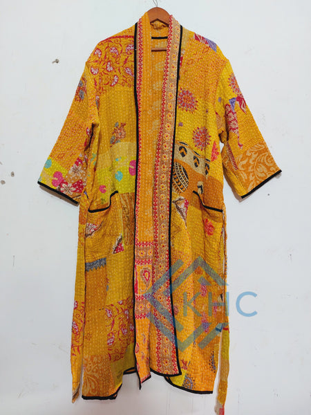 Indian Handmade Vintage Kantha Quilt Yellow Patchwork Kimono Robe One Size Robe