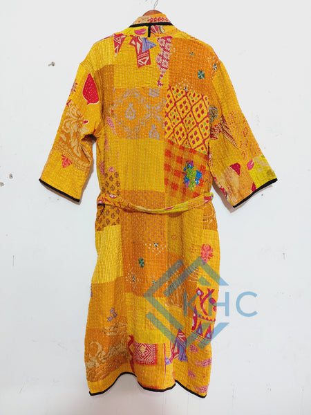 Indian Handmade Vintage Kantha Quilt Yellow Patchwork Kimono Robe One Size Robe