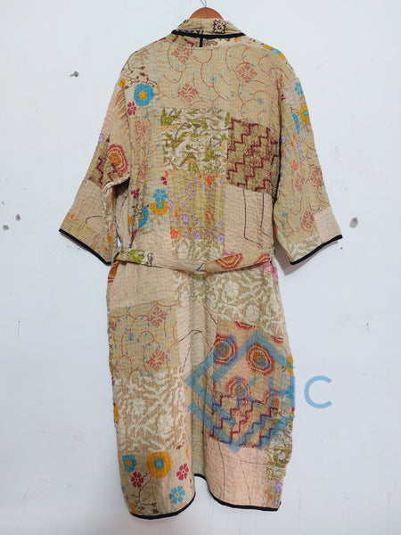Indian Handmade Vintage Kantha Quilt Beige Patchwork Kimono Robe One Size Robe