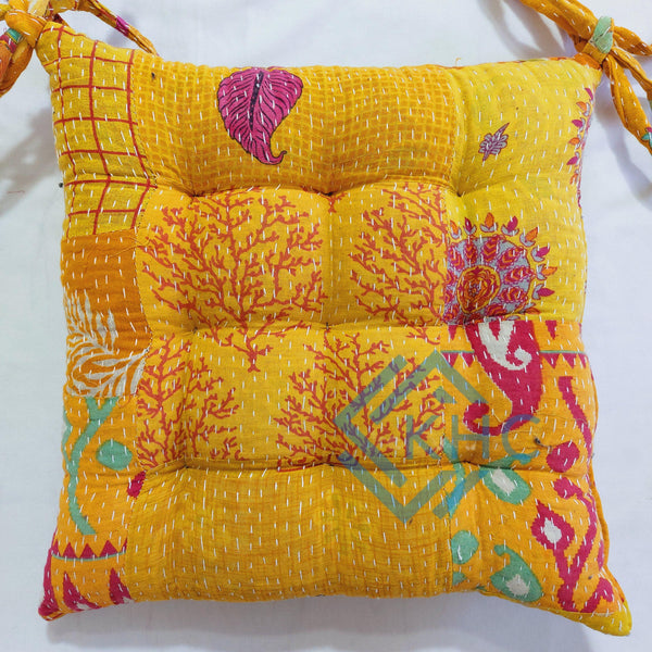 Vintage Kantha handmade Yellow Patchwork chair pad Cushion Pad 15x15 Inch 1 Pcs