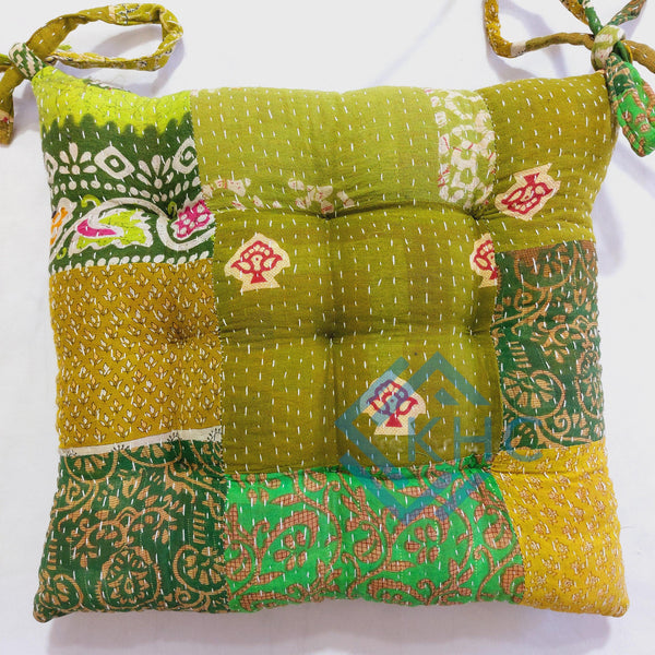 Vintage Kantha handmade Green Patchwork Chair Pad Soft chair pad Cushion Pad Seat Pad 15x15 Inch 1 Pcs