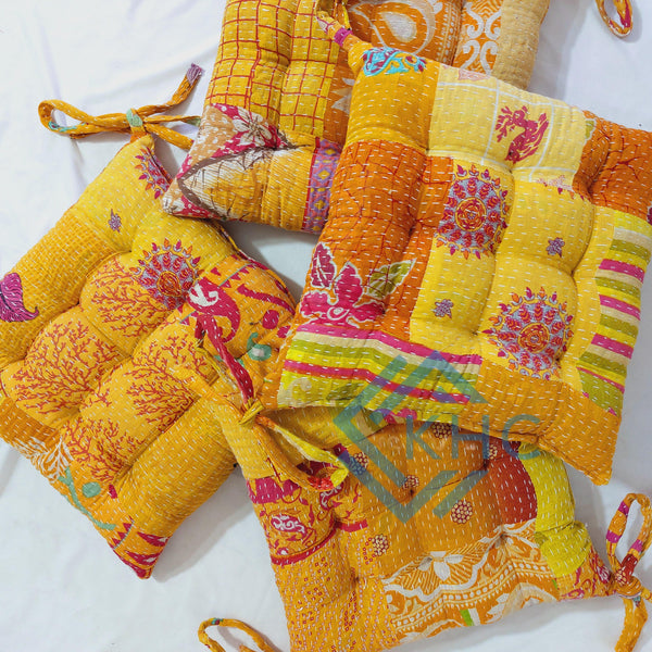 Vintage Kantha handmade Yellow Patchwork chair pad Cushion Pad 15x15 Inch 1 Pcs