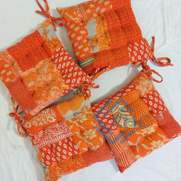 Vintage Orange Patchwork Chair Pad handmade Soft chair pad  Cushion Pad Seat Pad 15x15 Inch 1 Pcs