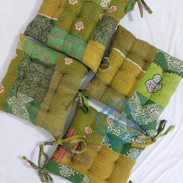 Vintage Kantha handmade Green Patchwork Chair Pad Soft chair pad Cushion Pad Seat Pad 15x15 Inch 1 Pcs