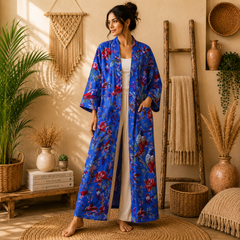 Women's Cotton Blue Floral Bird Print Long Kimono Robe | Boho Lightweight Open Front Cardigan with Pockets