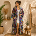 Handmade Purple Cotton Kimono Robe for Women | Boho Paisley Floral Long Cardigan | Lightweight Beach Cover Up | Resort Wear
