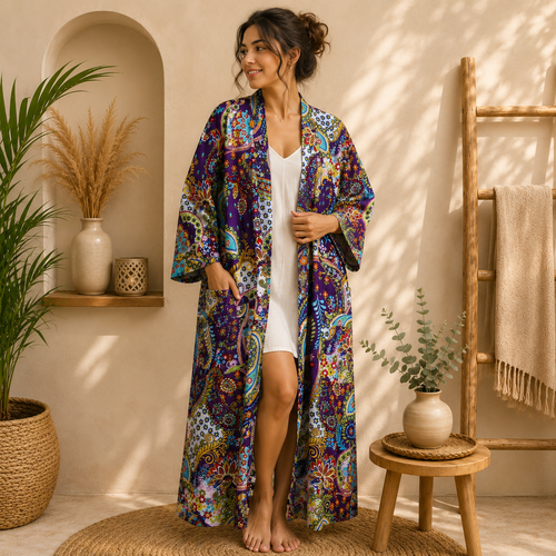 Handmade Purple Cotton Kimono Robe for Women | Boho Paisley Floral Long Cardigan | Lightweight Beach Cover Up | Resort Wear