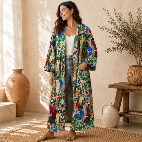 Handmade Cotton Kimono Robe for Women | Boho Long Cotton Kimono | Floral Lightweight Beach Cover Up | Resort Wear | Free Size