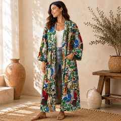 Handmade Cotton Kimono Robe for Women | Boho Long Cotton Kimono | Floral Lightweight Beach Cover Up | Resort Wear | Free Size