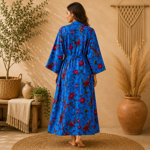 Blue Floral Cotton Kimono Cardigan for Women | Long Boho Open Front Robe with Pockets