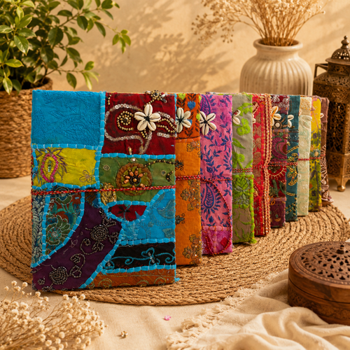Vintage Embroidered Patchwork Journal, Handmade Recycled Fabric Notebook 5 Pcs, Boho Indian Diary, Artisan Writing Journal, Unique Gift