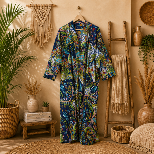 Women's Cotton Paisley Print Long Kimono Robe | Boho Open Front Lightweight Duster Cardigan with Belt