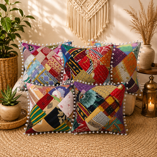 Vintage Kantha Patchwork Pillow Cover 18x18 inches, Pom Pom Cushion Cover, Recycled Sari Throw Pillow, Colorful Boho Indian Home Decor