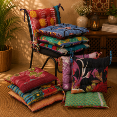 Handmade Kantha Chair Cushion, Cotton Seat Cushion, Quilted Chair Pad, Boho Floor Cushion, Tie-On Chair Cushion, Floral Cotton Cushion, Dining Chair Pad