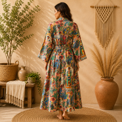 Peach Tropical Cotton Kimono Cardigan for Women | Long Boho Open Front Robe with Pockets