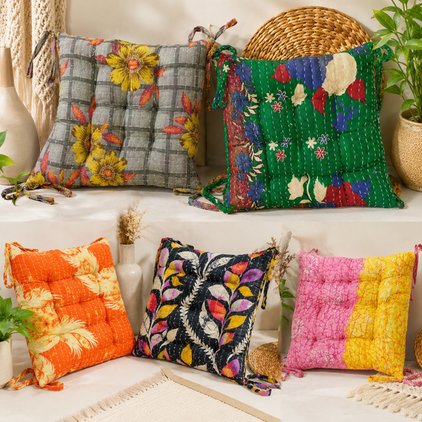 Vintage Kantha Chair Pads 5 Pcs Set, Handmade Cotton Seat Cushions, Tufted Indian Chair Pads, Boho Assorted Floor Cushions