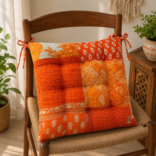 Orange patchwork Kantha Chair Pad, Handmade Cotton Chair Pad with Ties, Quilted Dining Chair Pad, Boho Chair Pad, Kitchen Chair Pad, Farmhouse Seat Pad