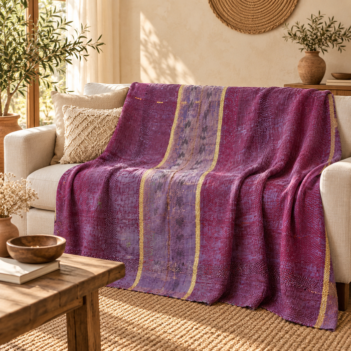 Purple Magenta Vintage Kantha Quilt Handmade Reversible Cotton Throw Blanket – 60x90 Inches