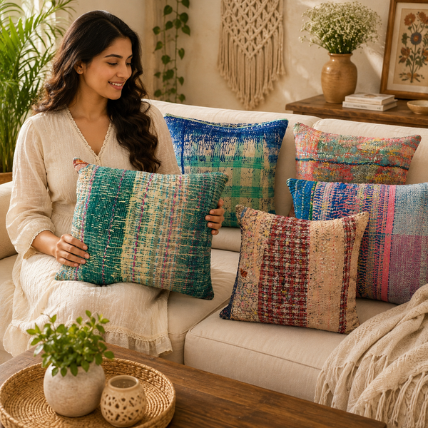 Set Of 5 Pcs Indian Bohemian Kantha Cushion Cover Handmade Antique Throw Pillow