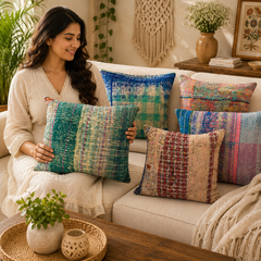 Set Of 5 Pcs Indian Bohemian Kantha Cushion Cover Handmade Antique Throw Pillow