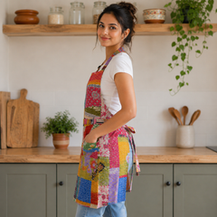 Vintage Kantha Patchwork Apron – Handmade Recycled Cotton Kitchen Apron with Pockets | Boho Cooking Apron