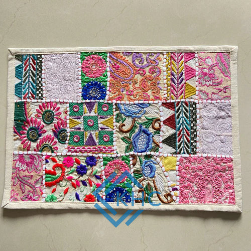 Handmade Embroidered Patchwork Placemat – Vintage Boho Table Mat with Artisan Textile Embroidery Set 4 Pcs