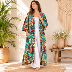 Handmade Cotton Kimono Robe for Women | Boho Floral Long Kimono | Lightweight Cotton Beach Cover Up | Resort Wear | Free Size