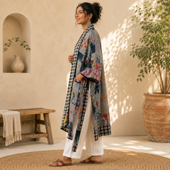 Gray Patchwork Bath Robe | Vintage Kantha Cotton Kimono | Cotton Robe Night Wear Suit | Long Robe