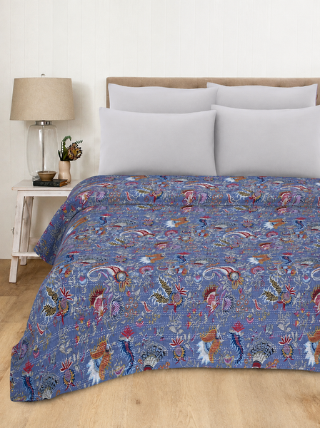 Indian Vintage Fabric Mukut Print Blue Quilt