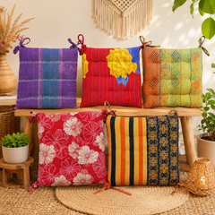 Vintage Kantha Chair Pad with Ties 5 Pcs, Handmade Cotton Patchwork Seat Cushion, Boho Dining Chair Pad, Recycled Sari Floor Cushion