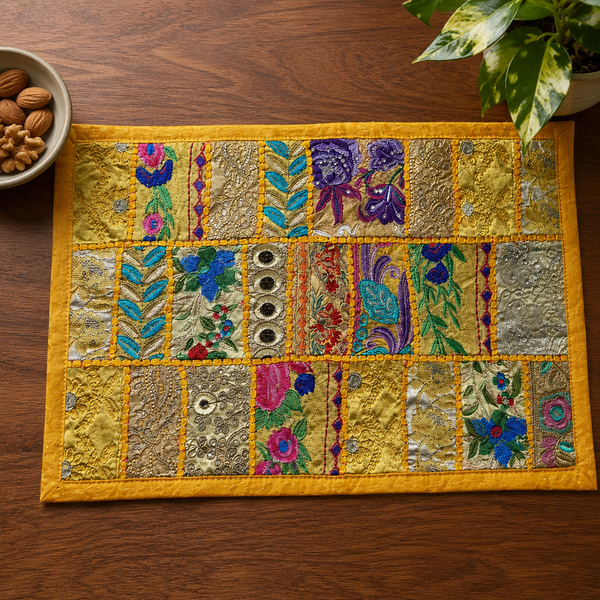 Vintage Handmade Embroidered Yellow Placemat Set Of 4 Pcs