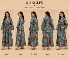Handmade Cotton Kimono Robe for Women | Boho Floral Blue Kimono | Lightweight Cotton Lounge Robe | Beach Cover Up | Free Size