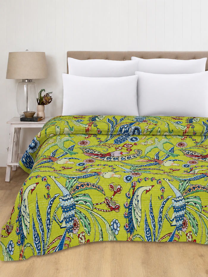 Handblocked Bird Printed Yellow Kantha Bedding Quilt