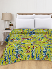 Handblocked Bird Printed Yellow Kantha Bedding Quilt