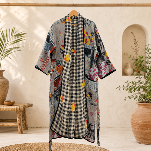 Gray Patchwork Bath Robe | Vintage Kantha Cotton Kimono | Cotton Robe Night Wear Suit | Long Robe