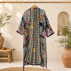 Gray Patchwork Bath Robe | Vintage Kantha Cotton Kimono | Cotton Robe Night Wear Suit | Long Robe