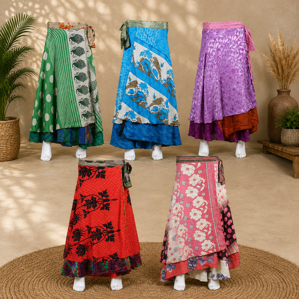 Vintage Blue Bird Print Wrap Skirt for Women | Handmade Upcycled Sari Maxi Skirt | Adjustable Tie Waist | Boho Beach Festival Skirt | Sustainable Clothing