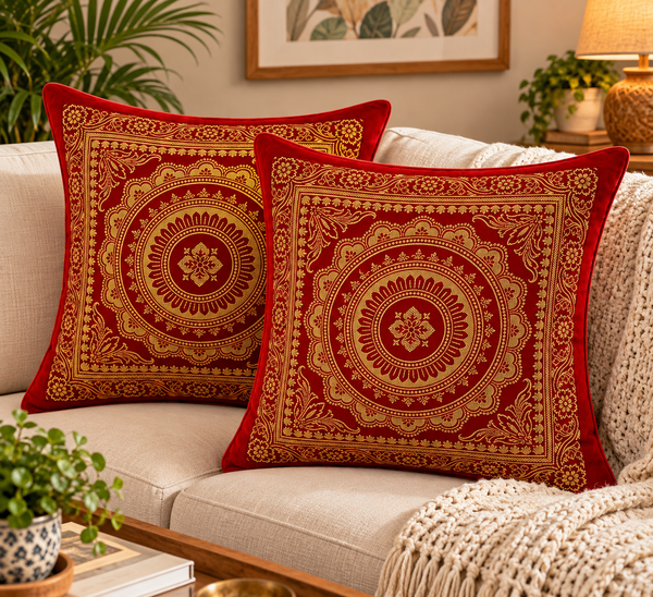 5 Pcs Mandala Ethnic Brocade Maroon And Gold Pillow Covers 16x16 Inch