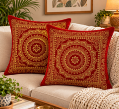 5 Pcs Mandala Ethnic Brocade Maroon And Gold Pillow Covers 16x16 Inch