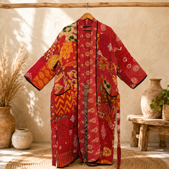 Indian Vintage Kantha Cotton Red Patchwork Kimono Long Robe