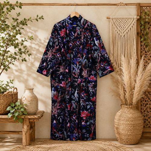 Boho Floral Cotton Kimono Cardigan for Women | Long Open Front Lightweight Robe with Pockets