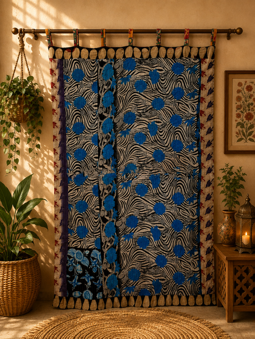 Indian Handmade Kantha Quilted 100% Cotton Fusion Blue Curtain