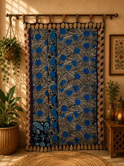 Indian Handmade Kantha Quilted 100% Cotton Fusion Blue Curtain