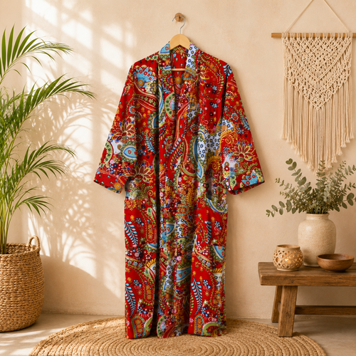 Handmade Red Cotton Kimono Robe for Women | Boho Paisley Floral Long Cardigan | Lightweight Beach Cover Up | Summer Loungewear