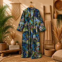 Women's Cotton Paisley Print Long Kimono Robe | Boho Open Front Lightweight Duster Cardigan with Belt