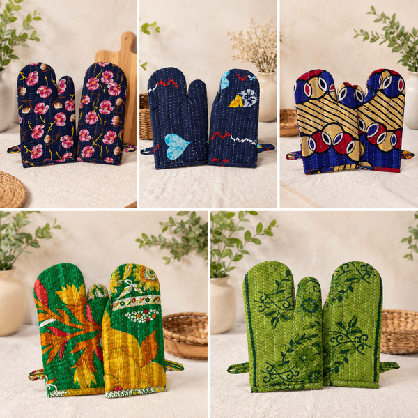 Vintage Kantha Oven Mitts Set 4 Pcs, Handmade Cotton Quilted Kitchen Gloves, Assorted Indian Patchwork Pot Holders, Boho Kitchen Decor