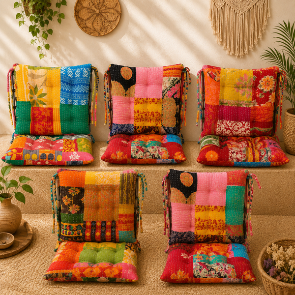 Vintage Kantha Chair Pad Set of 5 Pcs – Handmade Patchwork Cotton Seat & Back Cushions, Colorful Boho Dining Chair Pads, Indian Home Decor