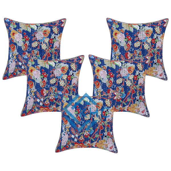 Federe Cuscino 40x40 Cm In Cotone - Kantha Work Floreale Etnico - Set Da 2 Pezzi, Rosa