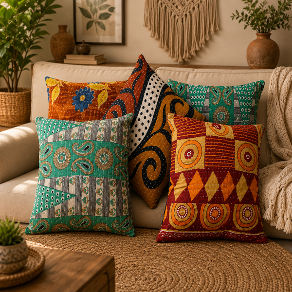 Handmade Patchwork Cushion Cover, Cotton Kantha Pillow Cover, Boho Throw Pillow Cover, Decorative Sofa Cushion Cover, Vintage Patchwork Home Decor